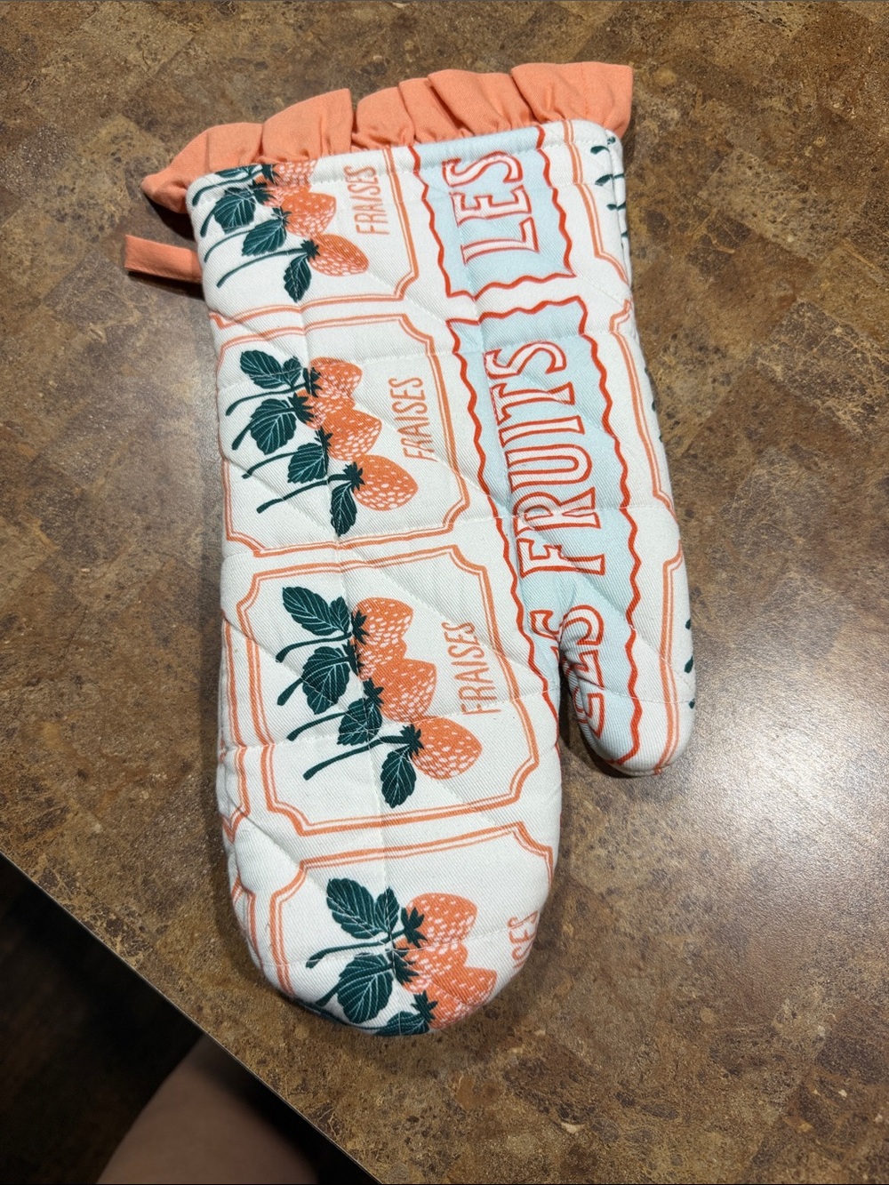 Anthropologie Strawberry Print Oven Mitt - Coral & Green BNWT